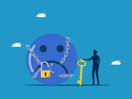 Negative world view. Businessman uses key to unlock negative emotions from chain. Vectorのイラスト素材