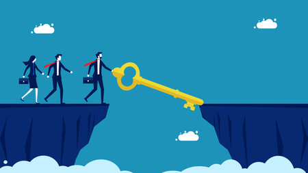 Leaders find solutions. Businessman boss uses keys as a bridge to bridge the cliff gap vectorのイラスト素材