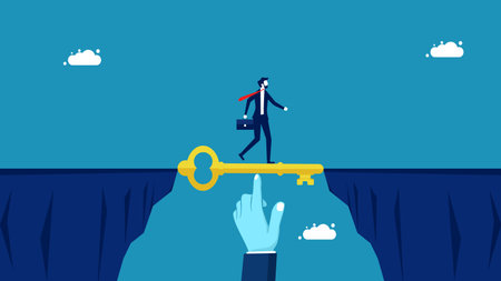 Businessman manager uses keys as a bridge to help team members cross the cliff. vectorのイラスト素材