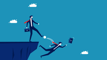 Eliminate professional competitors. Businessman kicks colleague off cliff vectorのイラスト素材