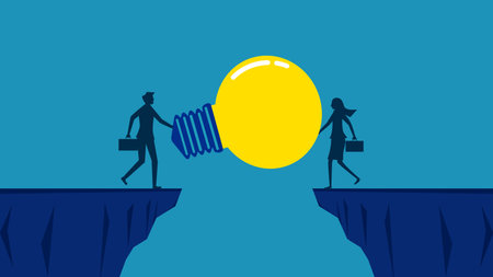 idea of overcoming obstacles. Two businessmen build a light bulb bridge over a cliff. Vectorのイラスト素材