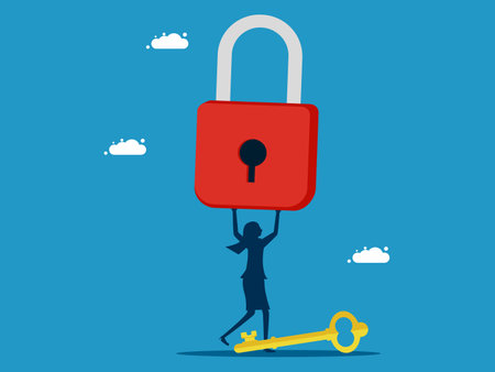 Unlock business access. Businesswoman holding a big padlock. Vectorのイラスト素材