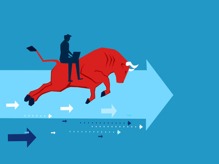 Stock market rising or bull market. Businessman looks at stock chart on laptop on bull vectorのイラスト素材
