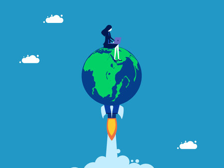 World business. Businesswoman working on rocket earth. Vector illustrationのイラスト素材