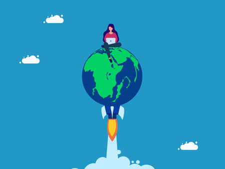 World business grows. woman working on rocket earth. Vectorのイラスト素材