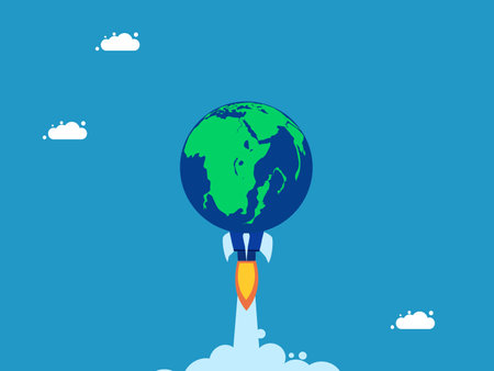 world changes rapidly. Rocket Earth soars in the sky. Vectorのイラスト素材