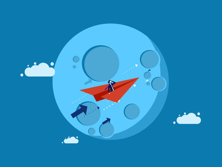 Imagination and dream concepts. man flies a paper airplane to the moon vectorのイラスト素材