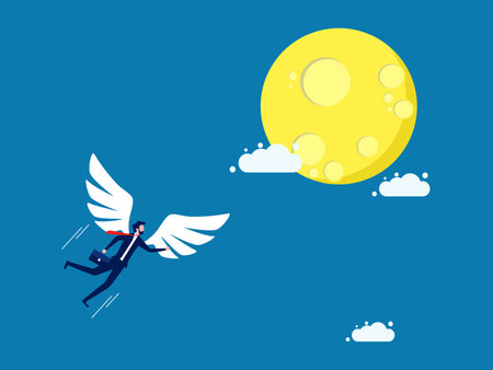Business success. Businessman with angel wings flies to the moon. vectorのイラスト素材