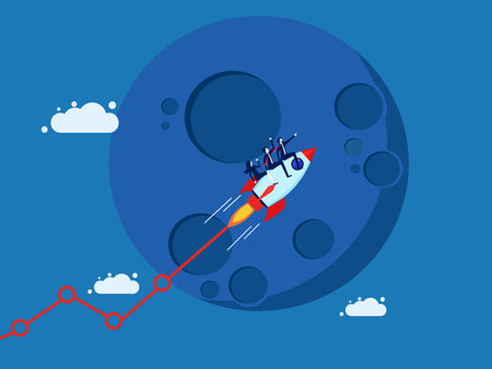Invest to make a profit. team of businessmen controls a rocket flying a growth graph to the moon. Vectorのイラスト素材
