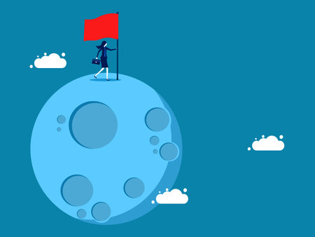 Business success. Businesswoman plants a red flag on the moon or planet. vectorのイラスト素材