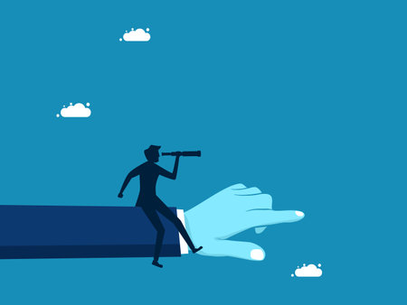 Point out opportunities. Businessman looks through binoculars in the same direction as a giant hand points. Vectorのイラスト素材