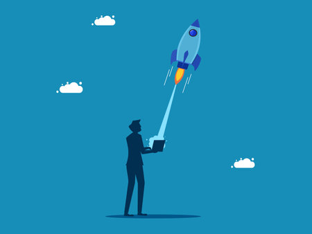 Business development. Businessman launches rocket from laptop. Vector illustrationのイラスト素材