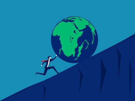 Concept of protecting the earth from a warming climate. Businessman pushes the falling earth. Vector illustrationのイラスト素材