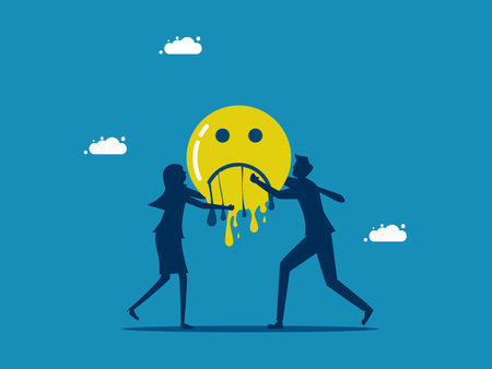 Suffering disappears. Two businessmen hold together a melting sad face icon. Vectorのイラスト素材
