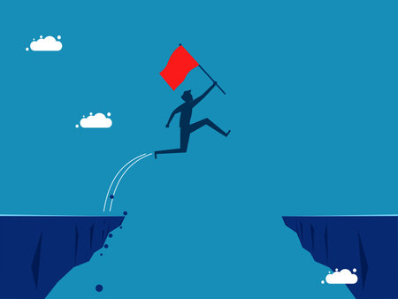 Courage and challenge. Businessman holding a flag jumps over a cliff. vectorのイラスト素材