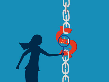 Analyze funding sources. Businesswoman uses magnifying glass to analyze broken capital chain. vectorのイラスト素材