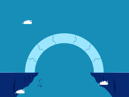 Overcoming obstacles to business success. Connecting jigsaw bridges across cliffs. Vectorのイラスト素材