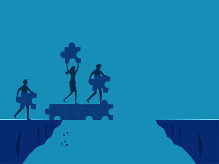 Overcoming business obstacles. Businessmen working as a team connecting jigsaw bridges across cliffs. Vectorのイラスト素材