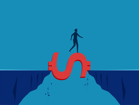 Financial assistance. Businessman crossing cliff gap with money bridge vectorのイラスト素材