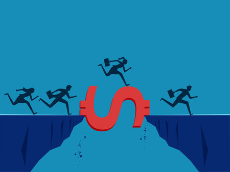 Financial assistance. Business team crossing cliff gap with money bridge vectorのイラスト素材