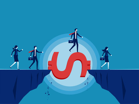 Money helps get through the crisis. Business team crossing cliff gap on dollar bridge vectorのイラスト素材