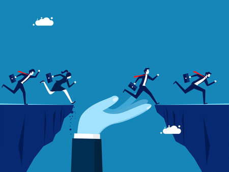 Help support in solving problems. giant hand helps a businessman cross a gap in cliff vectorのイラスト素材