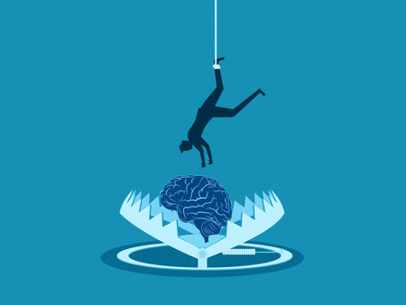 Anxiety, limiting thoughts. Businessman accessing brain in bear trap. vector illustrationのイラスト素材