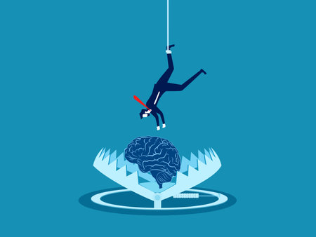Anxiety, limiting thoughts. Businessman picks brain in bear trap. vector illustrationのイラスト素材