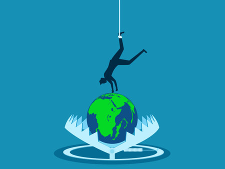 World economic crisis. Businessman trying to pick up a globe in a bear trap vectorのイラスト素材