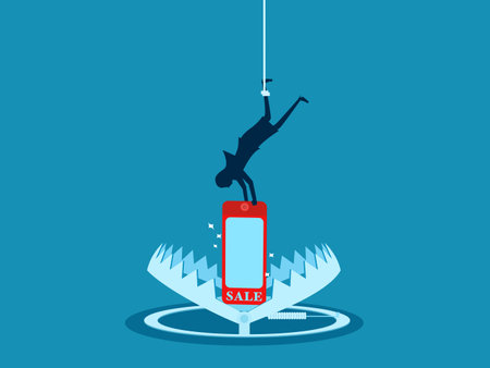 Sales scam. Businesswoman tries to pick up discount sign on product, gets caught in a trap. Vectorのイラスト素材