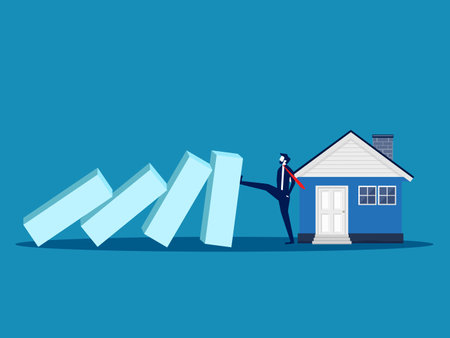 Stop the real estate crisis. Businessman pushes falling dominoes to protect the house. Vectorのイラスト素材