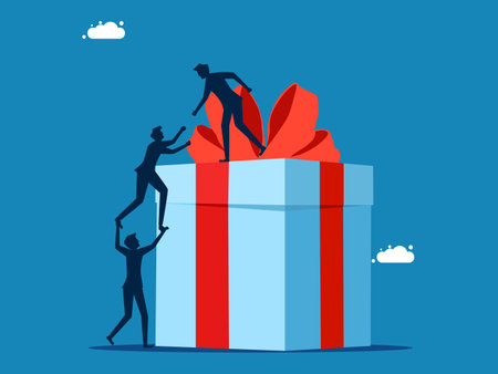 Help for the benefit. Businessman helps colleague climb gift box vectorのイラスト素材