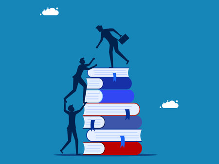 Recommended learning. Business leader helps colleague climb stack of books vectorのイラスト素材