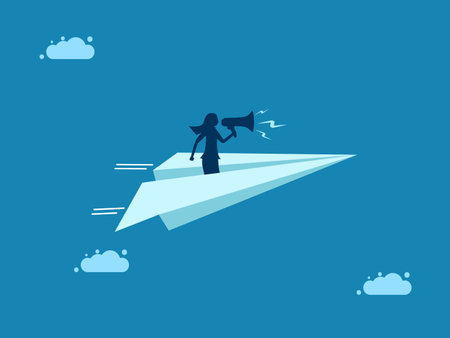 Marketing and advertising. Businesswoman holding a megaphone on a paper plane vectorのイラスト素材