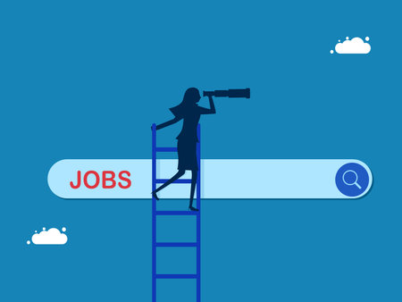 Employment, unemployment. Businesswoman with binoculars climbs the stairs of the job search bar vectorのイラスト素材