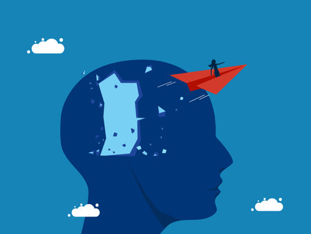 Thought leader. Businesswoman flying in paper airplane out of big head vectorのイラスト素材