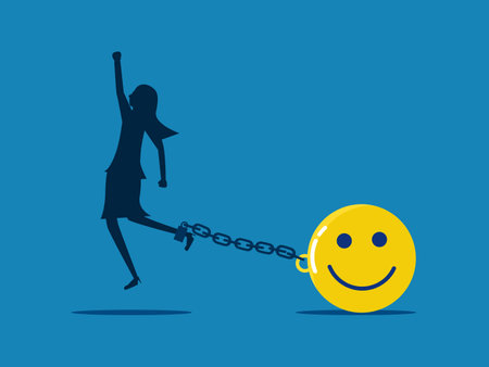 Too positive. Happy businesswoman stuck in chains of happiness vectorのイラスト素材