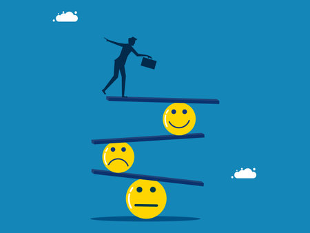 Sadness and happiness. conscious businessman balances a smile and a sad face vectorのイラスト素材