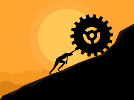 Perseverance. businessman pushes the gear up the hill vectorのイラスト素材