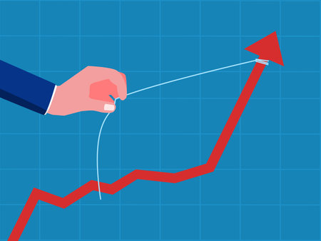 Drive sales to increase profits. Big hand pulling increasing graph vectorのイラスト素材