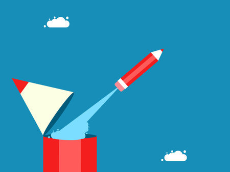Imagination and creativity. Pencil rocket flying into the sky. Vectorのイラスト素材