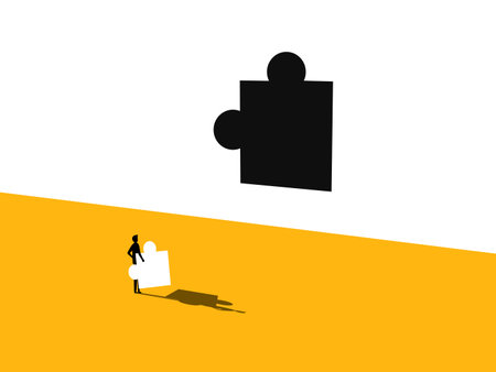 Shortage, Wrong Solution, Businessman Holding Jigsaw Not Enough Size To Solve Problem. Vectorのイラスト素材