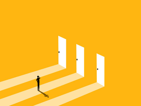 Courage, opportunity. Businessman stands at the door. vectorのイラスト素材