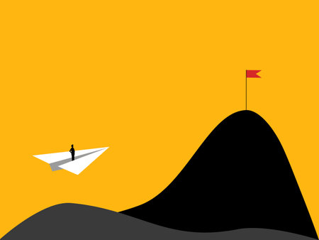 Businessman driving a paper rocket to the flag of victory. vectorのイラスト素材