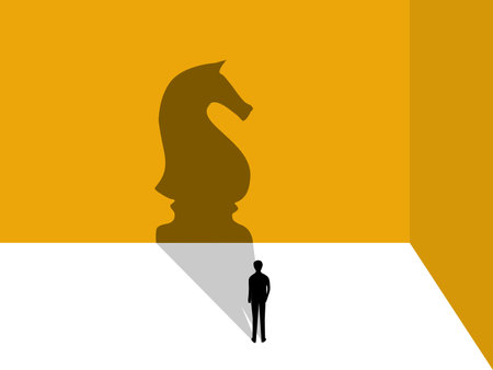 Business Victory Strategy. Confident Businessman with the Shadow of the Knight. vectorのイラスト素材
