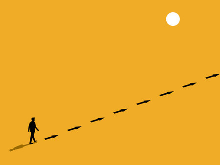 Advice, career advancement. Businessman walks along the shadow of an arrow. vectorのイラスト素材