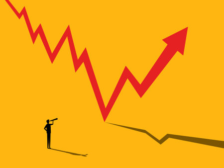 Positive stock trend, volatility. Businessman with arrow pointing up. vectorのイラスト素材