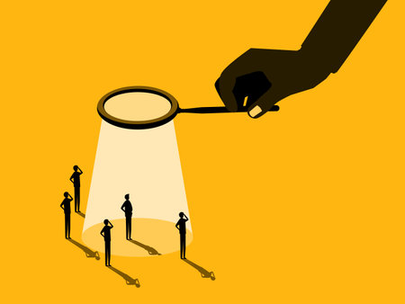 Finding Talent. Big Hands with Magnifying Glass Recruiting People. vectorのイラスト素材