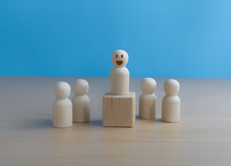 wooden man with a positive mindset among the people, leadership conceptの写真素材