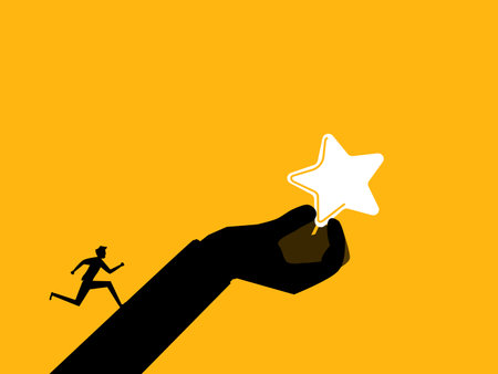 Employee success concept. Businessman running up to the star on the giant handのイラスト素材